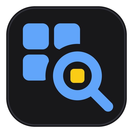The FastLoupe app icon: a contact sheet of blue frames with a loupe held over one gold frame