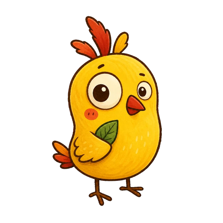 Oddbrd's wonky yellow bird mascot holding a leaf